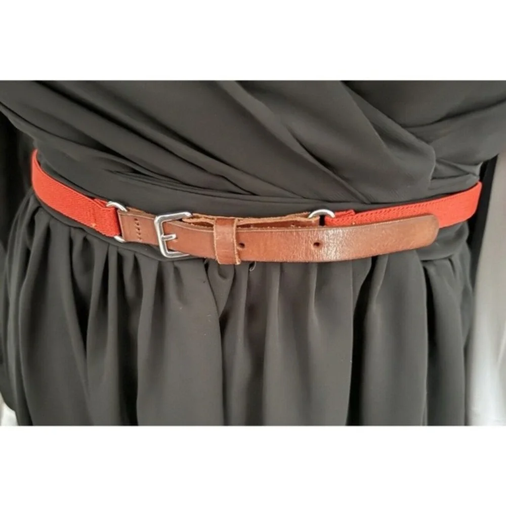 LOFT Skinny Elastic‎ Belt Brown Leather Orange Stretch Waist Silver Buckle 47-53